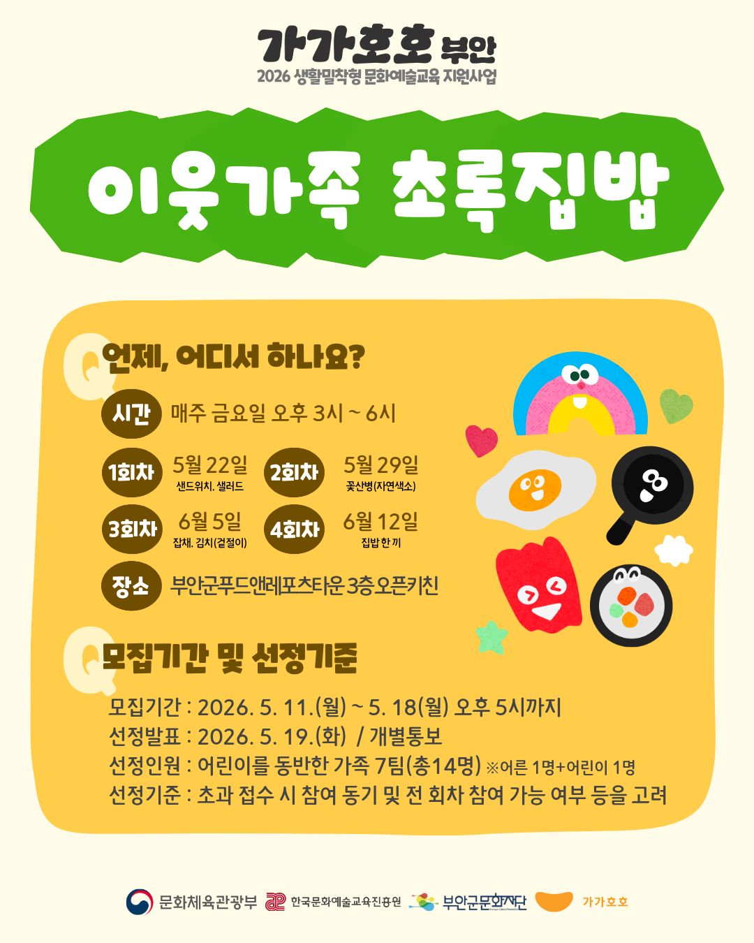 가가호호 부안 2026 생활밀착형 문화예술교육 지원사업/이웃가족 초록집밥/언제, 어디서 하나요? : 시간 - 매주 금요일 오후 3시~6시 / 1회차 : 5월 22일 샌드위치, 샐러드 , 2회차 :  5월 29일 꽃산병(자연색소) , 3회차 : 6월5일  잡채, 김치(겉절이)  ,4회차 6월 12일 , 집밥한끼 /  장소: 부안군푸드앤레포츠타운 3층오픈키친 / 모집기간 및 선정기준 / 모집기간 : 2026.5. 11.(월) ~ 5. 18(월) 오후 5시까지 / 선정발표:2026.5. 19.(화) / 개별통보 /  선정인원 : 어린이를 동반한 가족 7팀(총14명) 어른 1명과 어린이 1명 / 선정기준 : 초과 접수 시 참여 동기 및 전 회차 참여 가능 여부 등을 고려 /문화체육관광부, 한국문화예술교육진흥원, 부안군문화재단, 가가호호